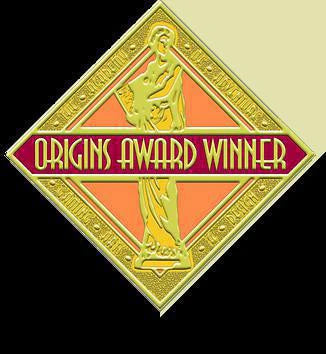Diced Veggies gold and orange diamond-shaped badge with classical statue, labeled Origins Award Winner.