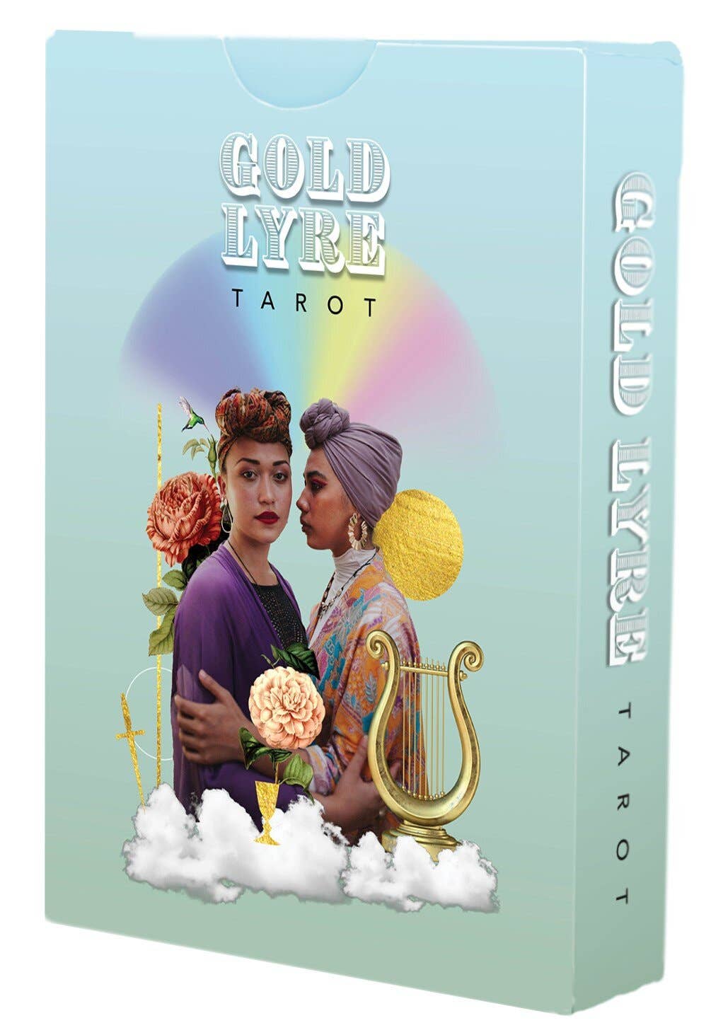 Gold Lyre Tarot deck box with illustrations of two women, flowers, a lyre, and rainbow clouds.