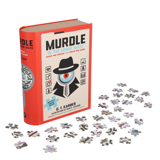 The Murdle in the Hedge Maze 500-piece jigsaw puzzle with loose pieces on a white background.