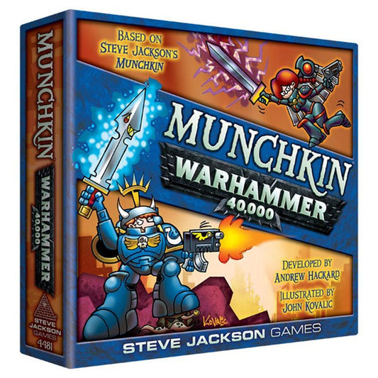 Munchkin Warhammer 40,000 game box showing cartoon Space Marines and sci-fi warriors on the cover.