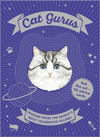 Cat Gurus book with illustrated cover showing cat’s face, stars, and title.