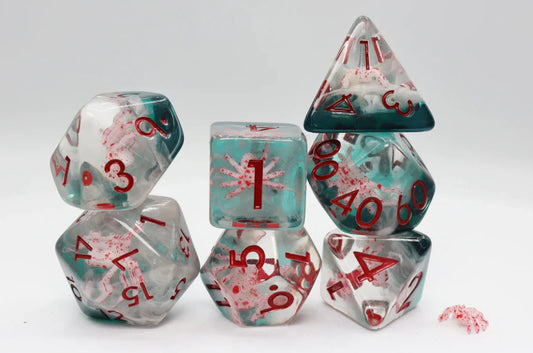 Baby Spider RPG Dice Set of seven clear polyhedral dice with teal and red swirls.