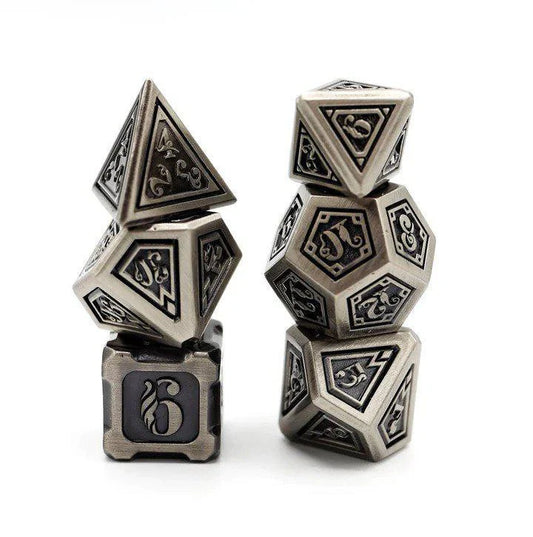 Alchemist Metals RPG Dice Set: Iron variant, two stacks including a cube, on a white background.