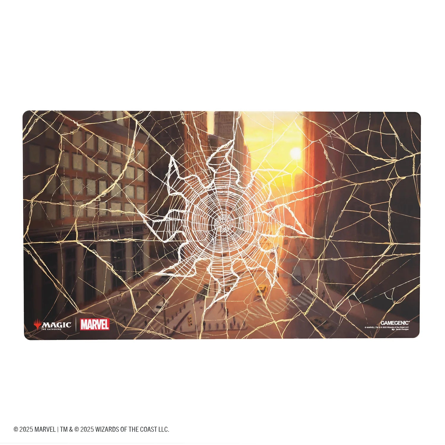 MTG Spider-Man Shiny Playmat – Spider-Man Plains featuring a spiderweb over a city street at sunset.