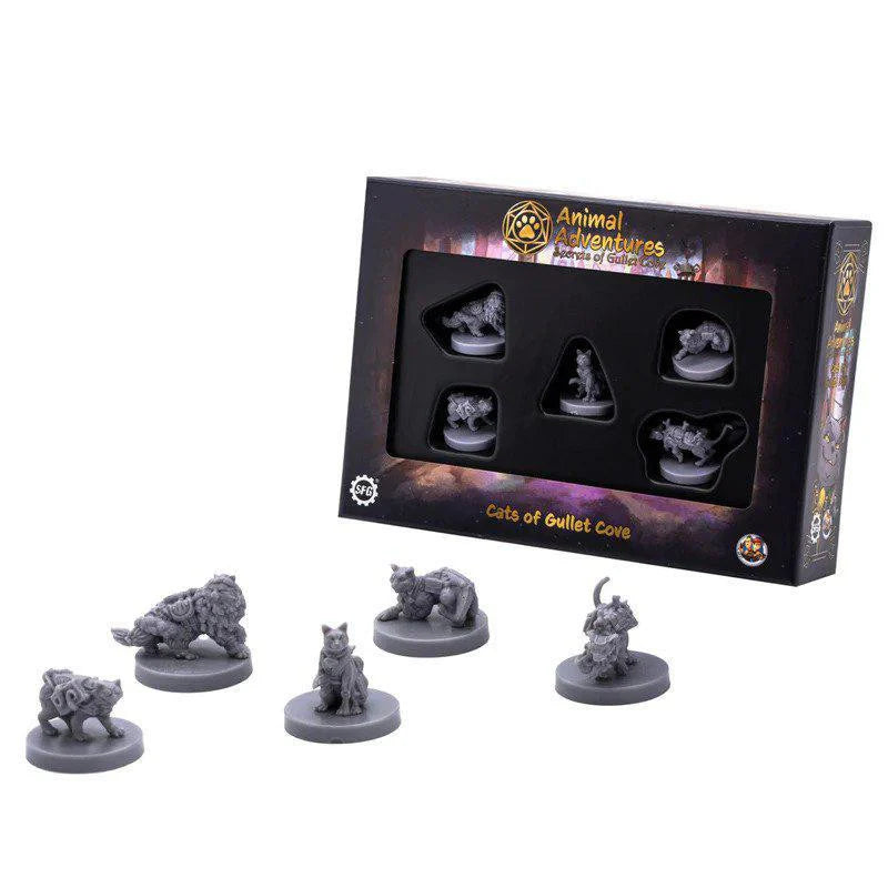 Five Cats of Gullet Cove miniatures on bases for fantasy tabletop roleplaying games.