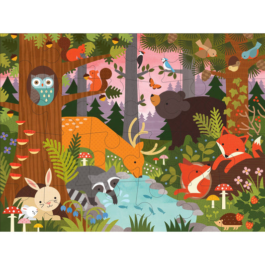 Enchanted Woodland 24-Piece Floor Puzzle featuring cartoon forest animals by trees and a pond.