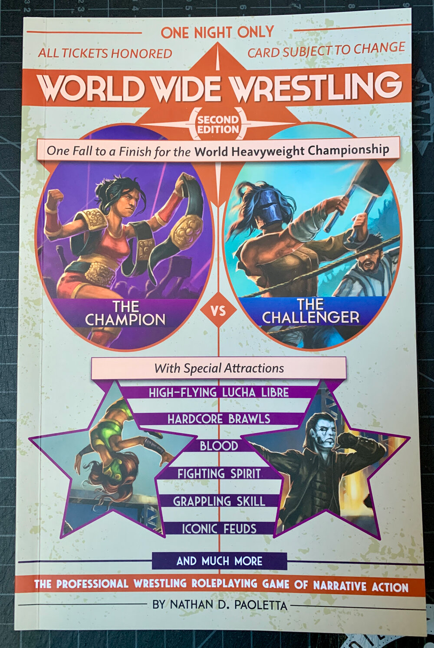 World Wide Wrestling Second Edition poster with wrestlers, event details, and pro wrestling RPG highlights.