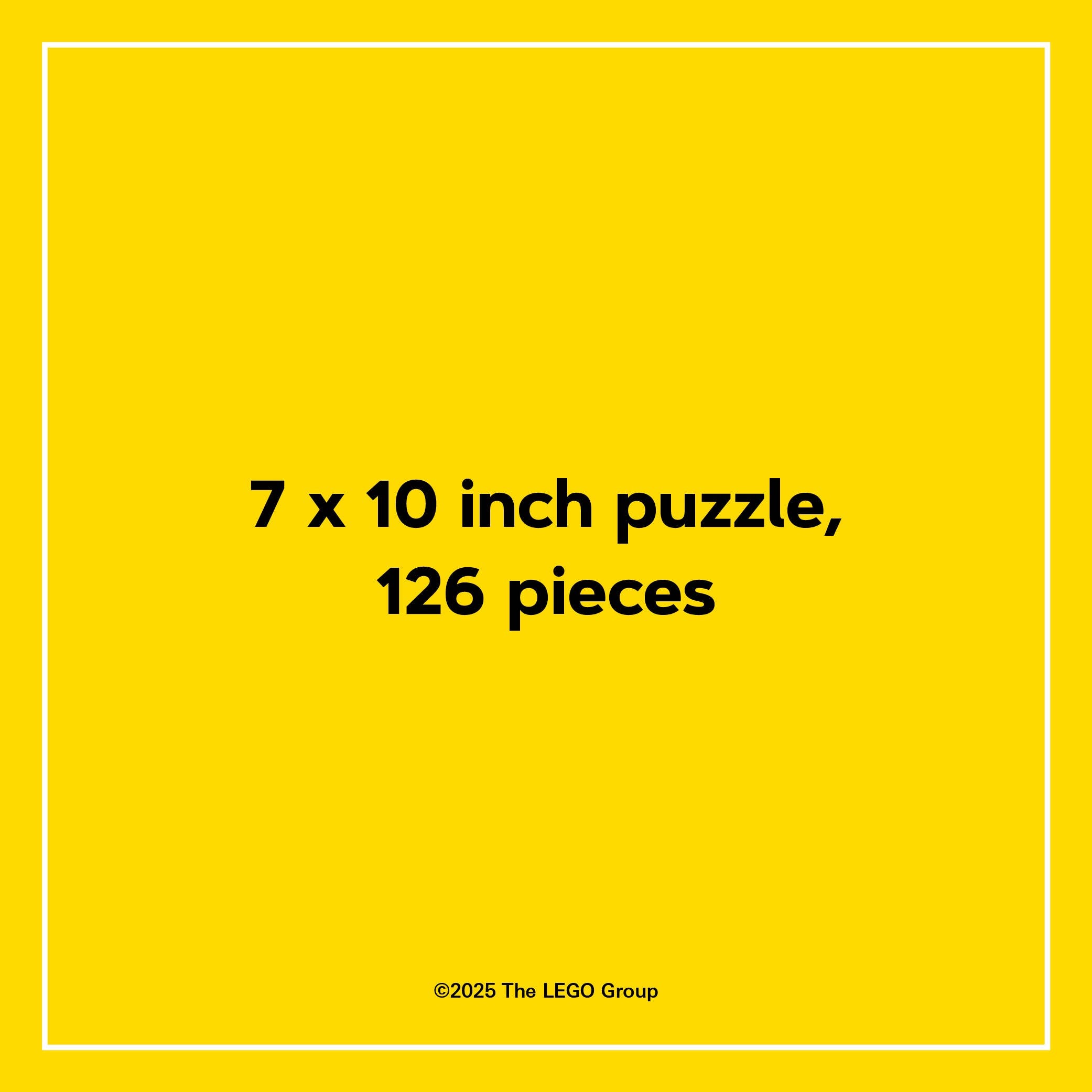 LEGO Mystery Minifigure Mini Puzzle Christmas Edition, 7x10, 126 pieces, product name in black text on yellow background.