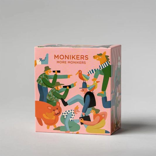More Monikers party game expansion with illustrations of people, birds, and a horse on the packaging.