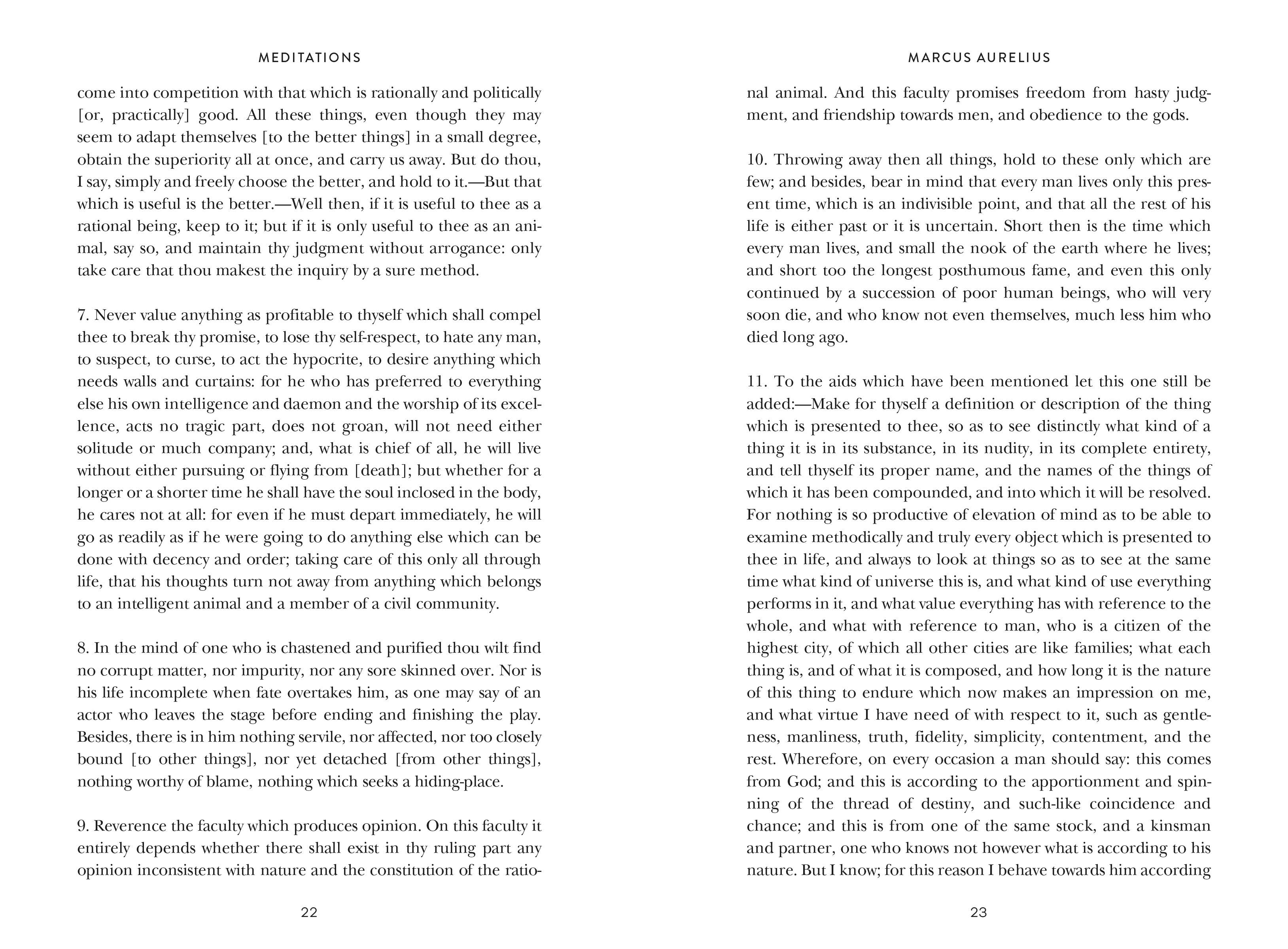 Two pages from Meditations by Marcus Aurelius displaying his numbered philosophical reflections.
