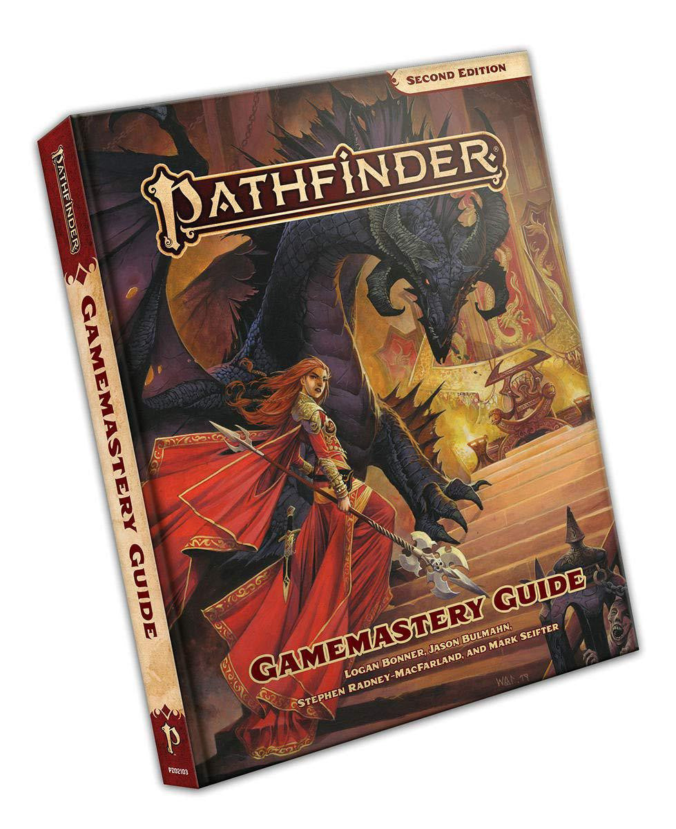 Pathfinder 2nd Edition: Gamemastery Guide cover featuring a warrior, wizard, and black dragon.