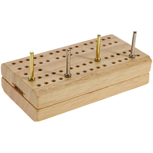WE Games Cribbage and More Travel Game Pack, wooden rectangular set with holes and four metal pegs on top.