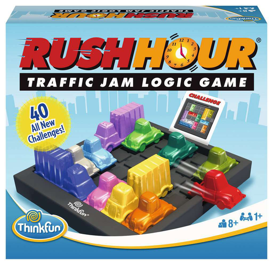 Rush Hour game box with grid, colorful cars and trucks, ages 8+, by ThinkFun.