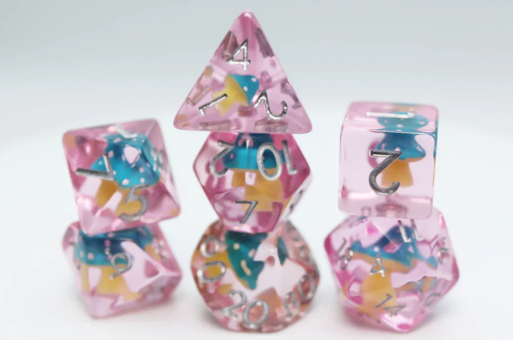Blue Mushroom RPG Dice Set with transparent blue polyhedral dice containing colorful mushrooms inside.