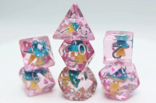 Blue Mushroom RPG Dice Set with transparent blue polyhedral dice containing colorful mushrooms inside.