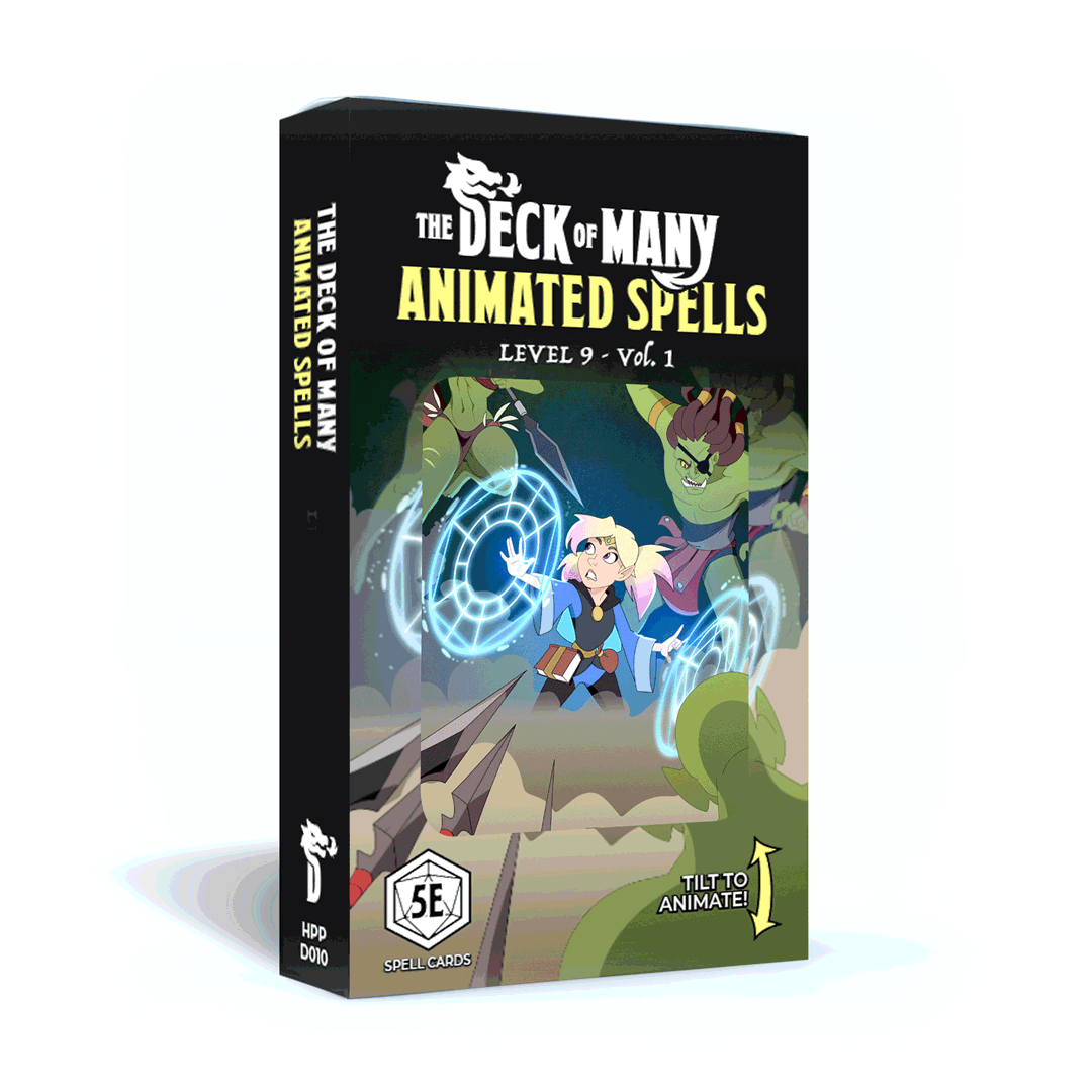 Animated Spells: Level 9 Vol. 1 - 5e 2014 D&D box featuring artwork of a caster and two green monsters.