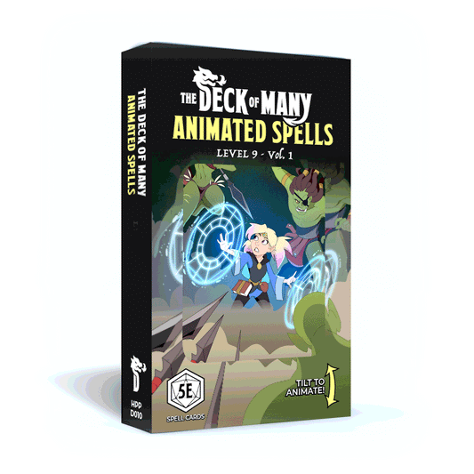 Animated Spells: Level 9 Vol. 1 - 5e 2014 D&D box featuring artwork of a caster and two green monsters.