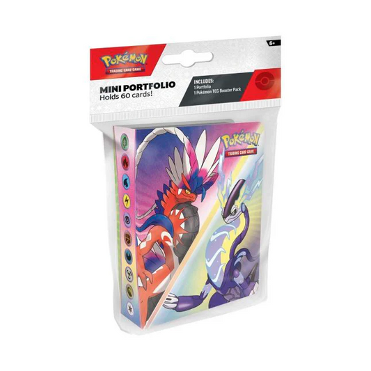 Mini Portfolio 2023 Pokemon with Koraidon & Miraidon art; holds cards and includes 1 booster pack.
