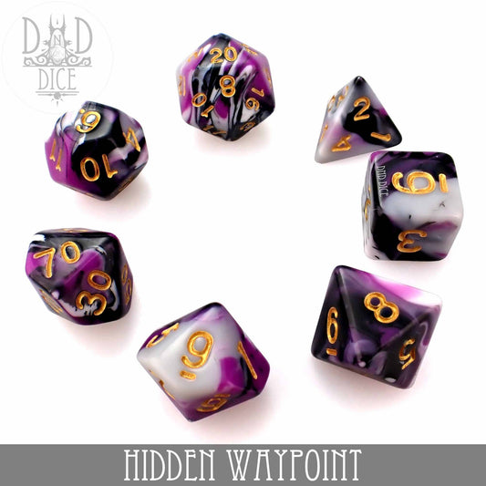 Hidden Waypoint 7-dice set in purple, white, and black marble with gold numbers.