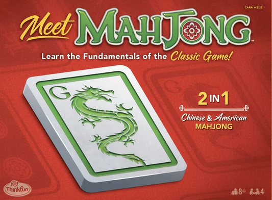 Meet Mahjong game box, includes green dragon tile and covers Chinese and American Mahjong for ages 8 and up.