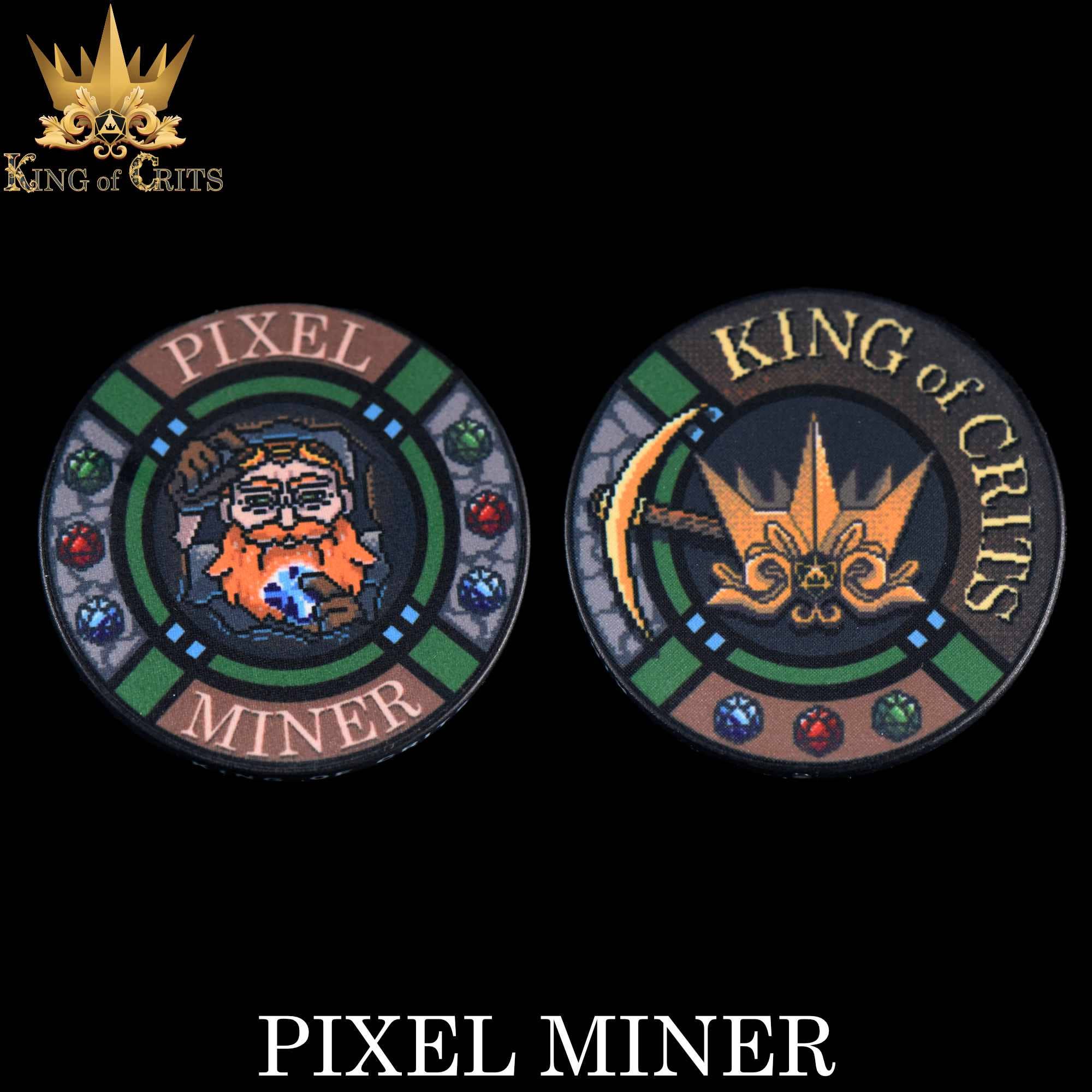 Two circular badges: one with a miner design, one with crown and pickaxe; for Pixel Miner - 11 Dice Set or chip collectors.