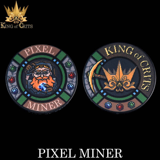 Two circular badges: one with a miner design, one with crown and pickaxe; for Pixel Miner - 11 Dice Set or chip collectors.