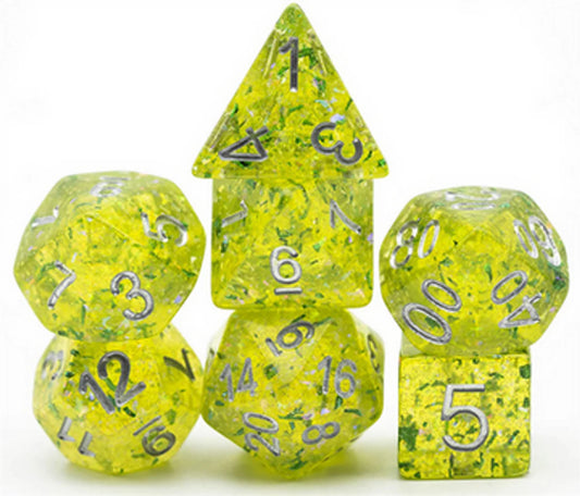Arcadia RPG Dice Set with six yellow-green polyhedral dice for tabletop games like Dungeons and Dragons.