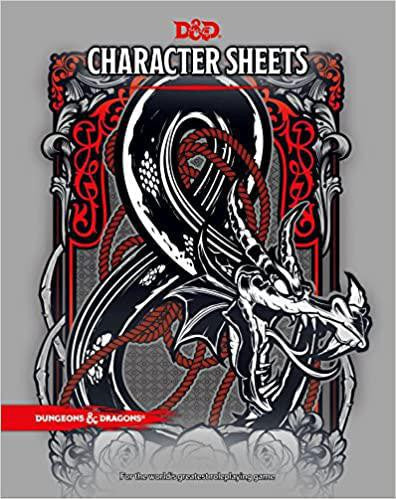 D&D Character Sheets book cover featuring a black, red, and white stylized dragon design.