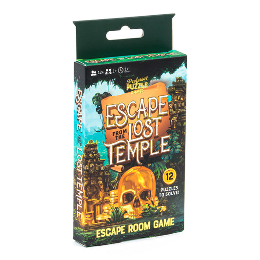 Escape from the Lost Temple game box with jungle ruins and a golden skull design.