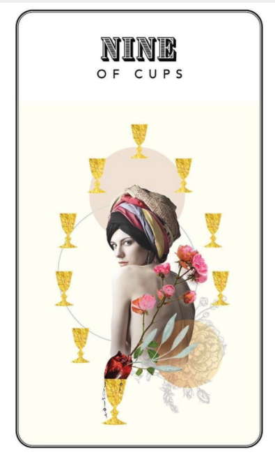 Gold Lyre Tarot Nine of Cups card featuring a woman in a headscarf, flowers, and nine golden cups.