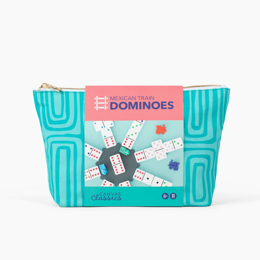 Canvas Classics Mexican Train Dominoes set in a turquoise geometric pouch with label.