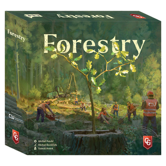 Forestry board game box displaying a sapling and workers in a sustainable forestry setting.