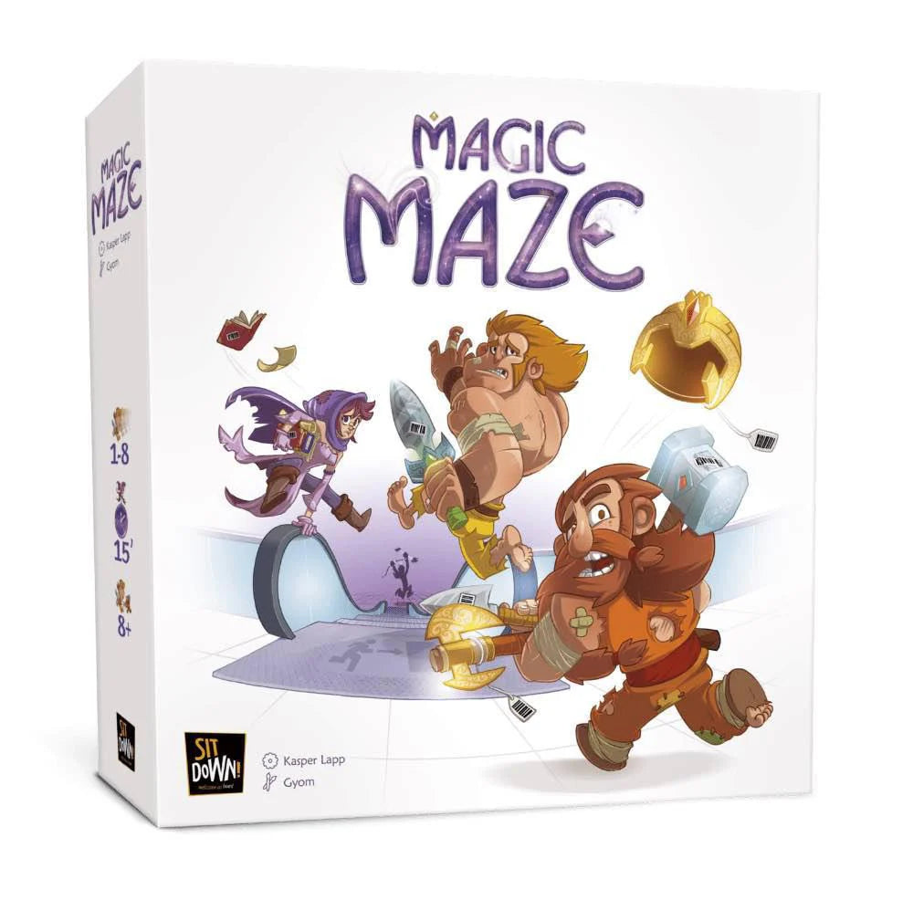 Magic Maze board game box showing cartoon fantasy characters, highlighting real-time cooperative gameplay.