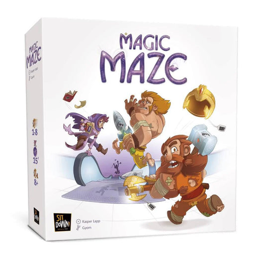 Magic Maze board game box showing cartoon fantasy characters, highlighting real-time cooperative gameplay.