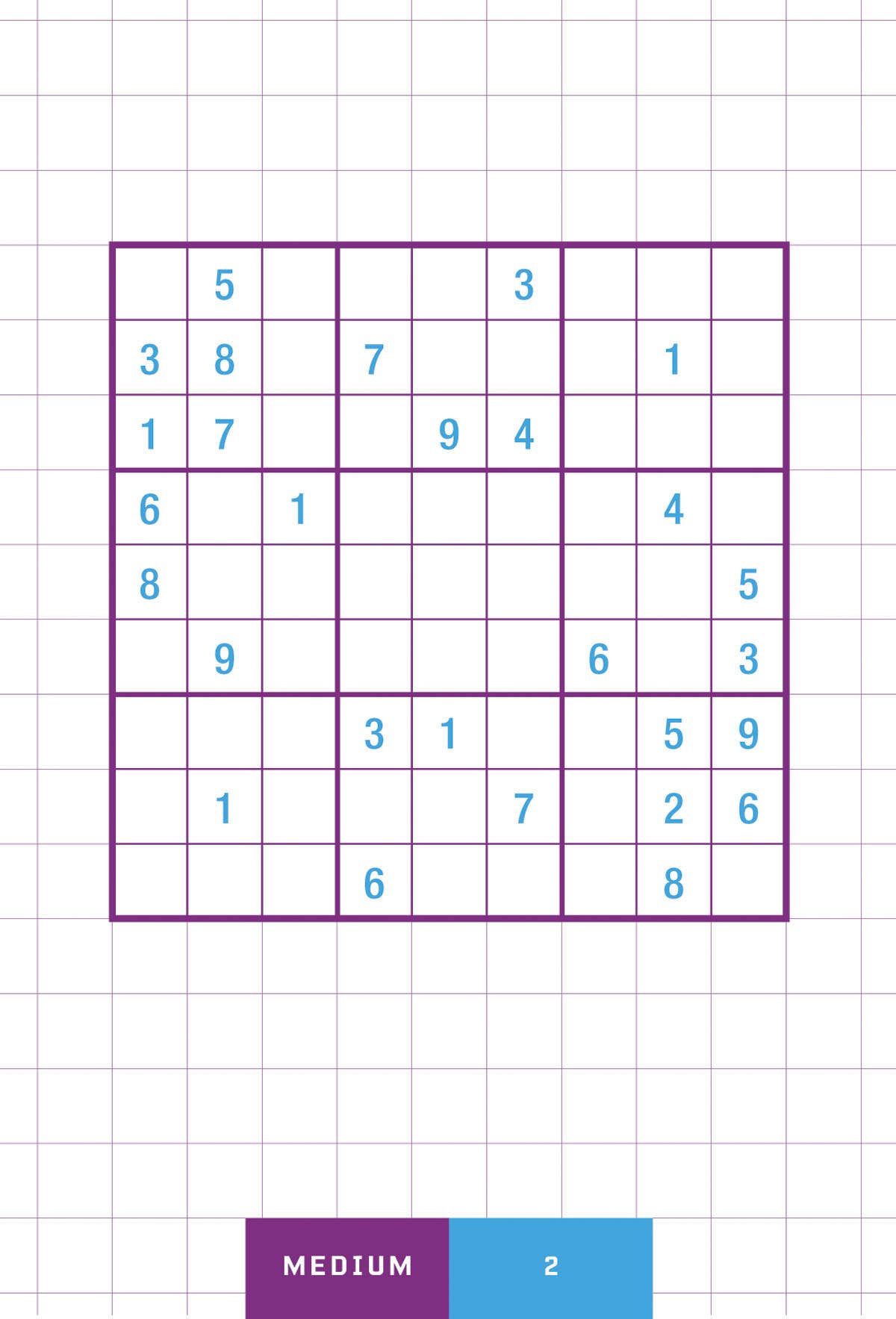 Sudoku puzzle, 9x9 grid, medium to hard difficulty, blue numbers, Puzzle 2.