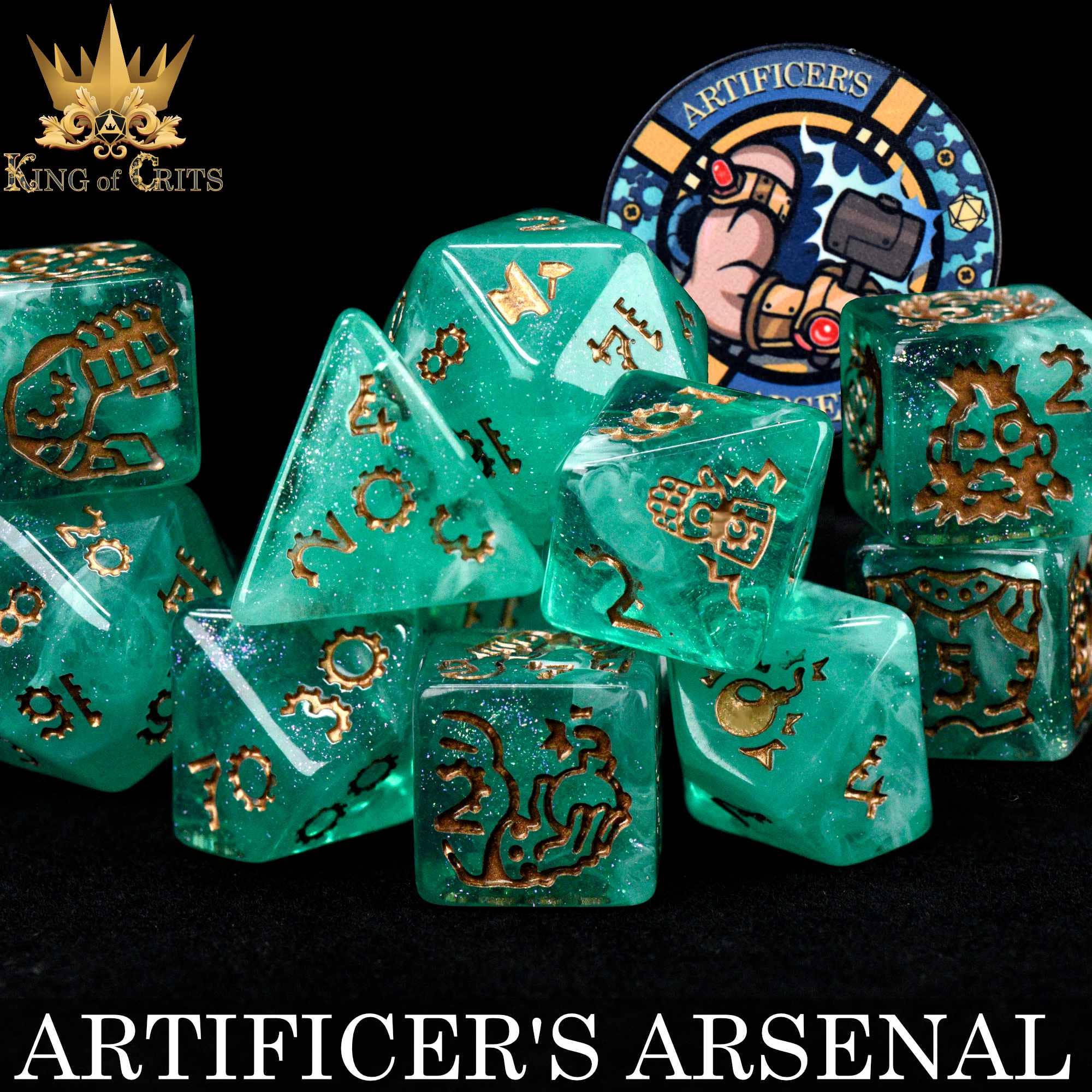 Artificers Arsenal 11-piece set with green, gold-etched DND dice and token from King of Crits.