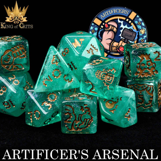 Artificers Arsenal 11-piece set with green, gold-etched DND dice and token from King of Crits.
