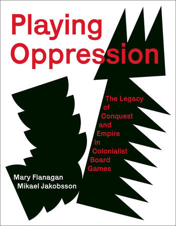 Playing Oppression book cover with red title text, black abstract shapes, and postcolonial theory elements.