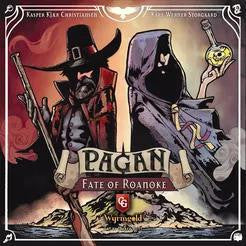Pagan: Fate of Roanoke card game featuring a witch hunter and alchemist theme.
