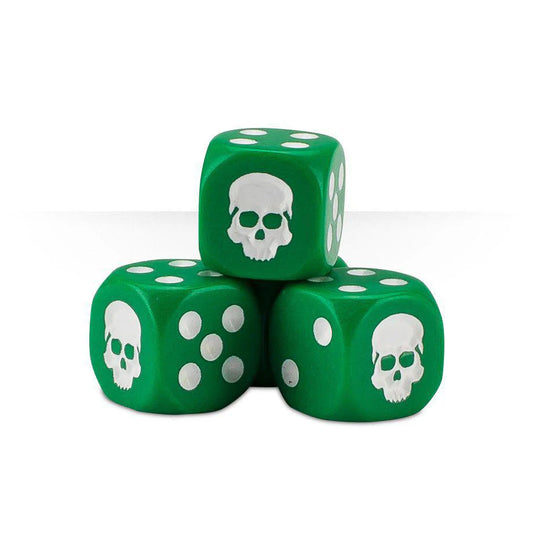 Three Warhammer 12mm green dice with white dots and skull symbols.