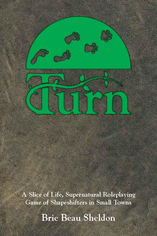 Turn RPG book cover with green animal and human footprints on textured grey background.