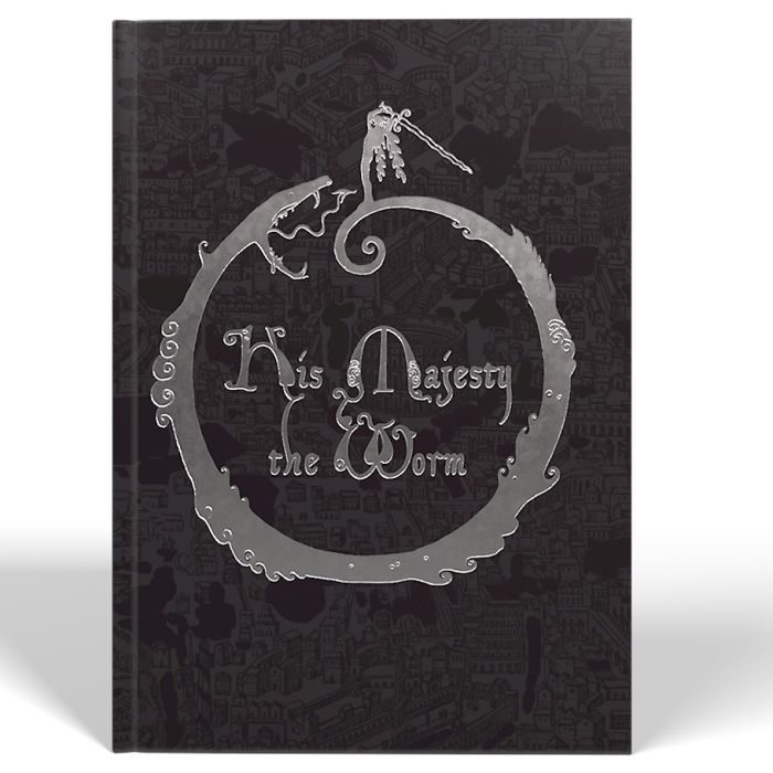 His Majesty the Worm RPG black cover with silver circular dragon and figure standing on the circle.