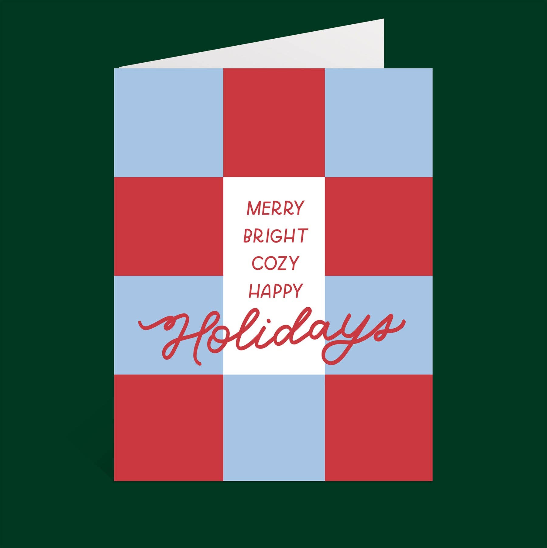 Red and light blue plaid Merry + Bright + Cozy + Happy Holidays greeting card.