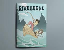 Riverbend RPG book cover featuring a fishing scene with a person and dog on a river.