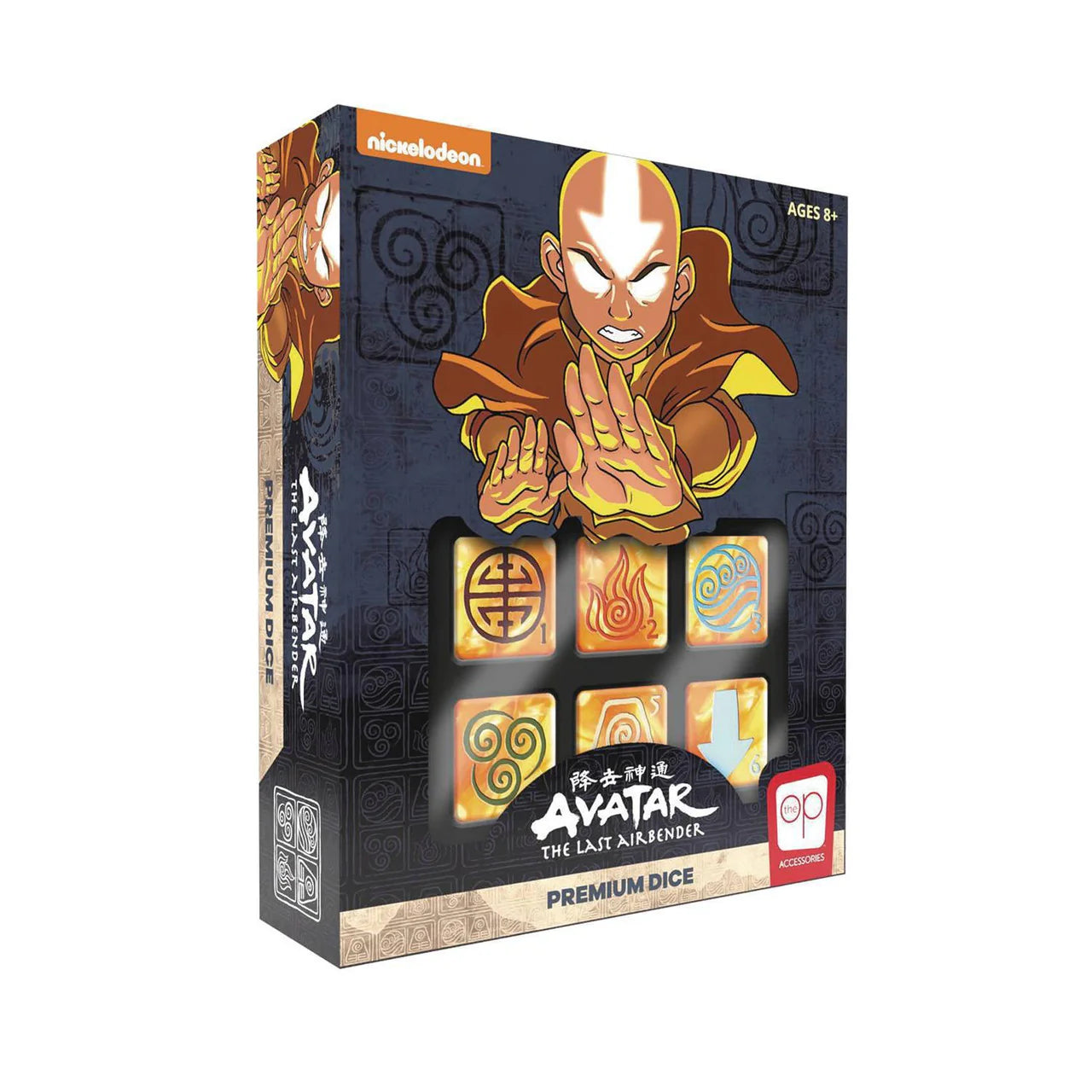 AVATAR LAST AIRBENDER dice set featuring Aang and symbols in a custom tin, for ages 8 and up.