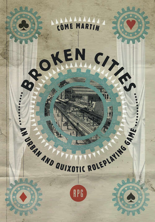 Broken Cities book cover with gears and a central city illustration.