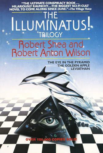 The Illuminatus Trilogy: The Eye in the Pyramid book cover with a pyramid eye, dolphins, and checkered floor.