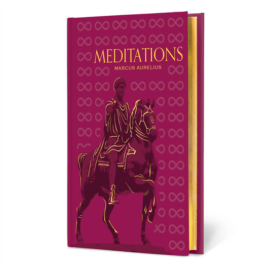 Meditations by Marcus Aurelius, maroon cover with gold edges, Stoic philosophy, statue on horseback illustration.