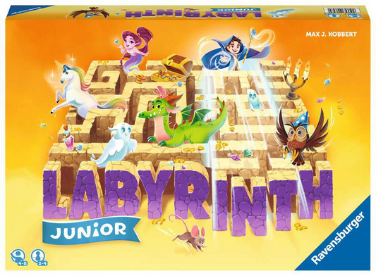 Labyrinth Junior game box showing magical creatures and characters above a golden maze.