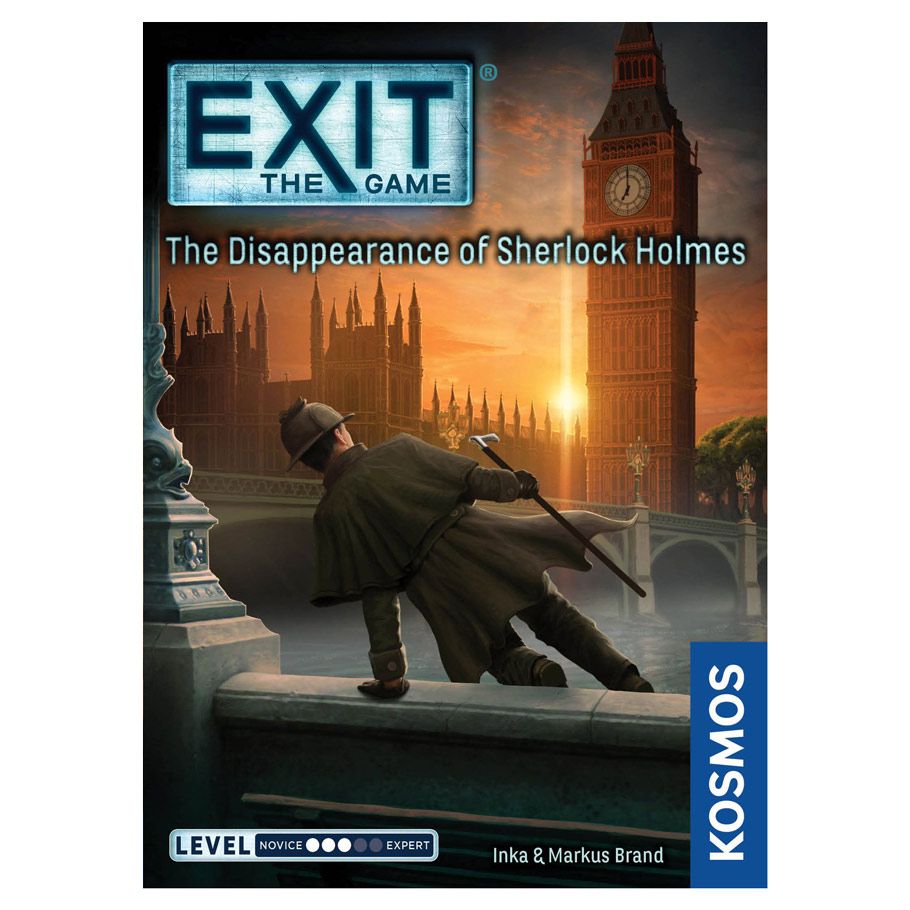 EXIT: The Disappearance of Sherlock Holmes puzzle box featuring detective in cape and hat running by Big Ben at sunset.